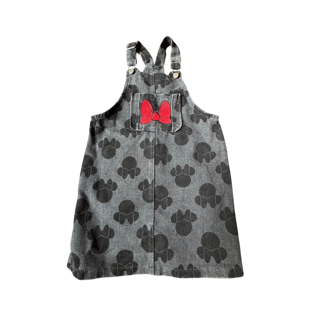 Disney Minnie Mouse Denim Overall Dress Girls Size 5 Gray Red Bow Pockets